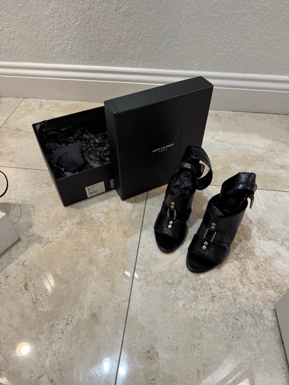Saint Laurent Paris Black Leather Ankle Strap Stiletto Heels